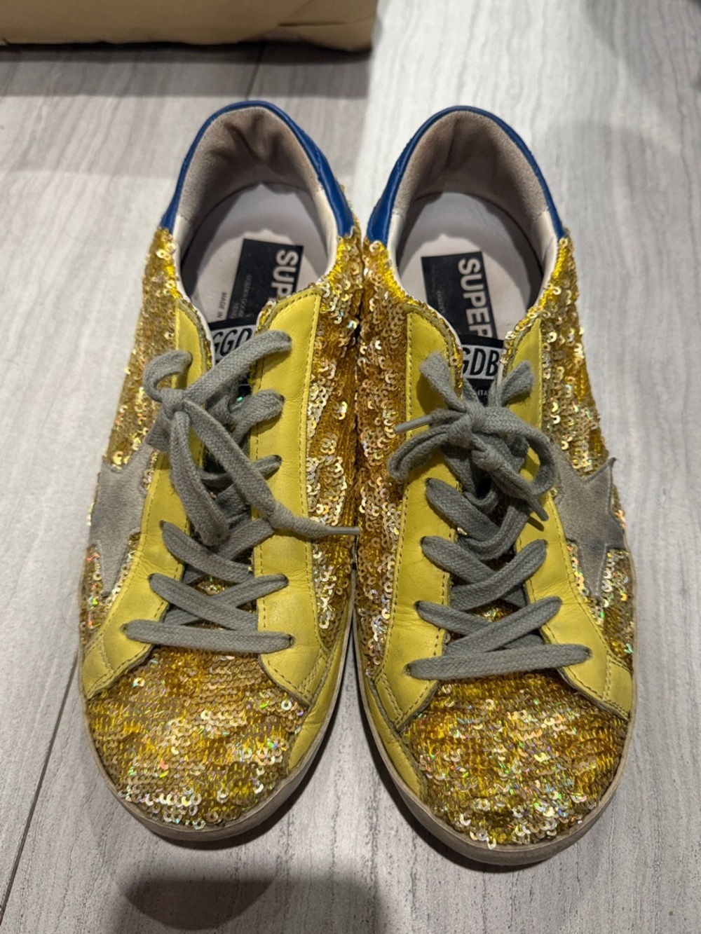 Golden Goose superstar Yellow Sequin Sneakers with Blue Heel
